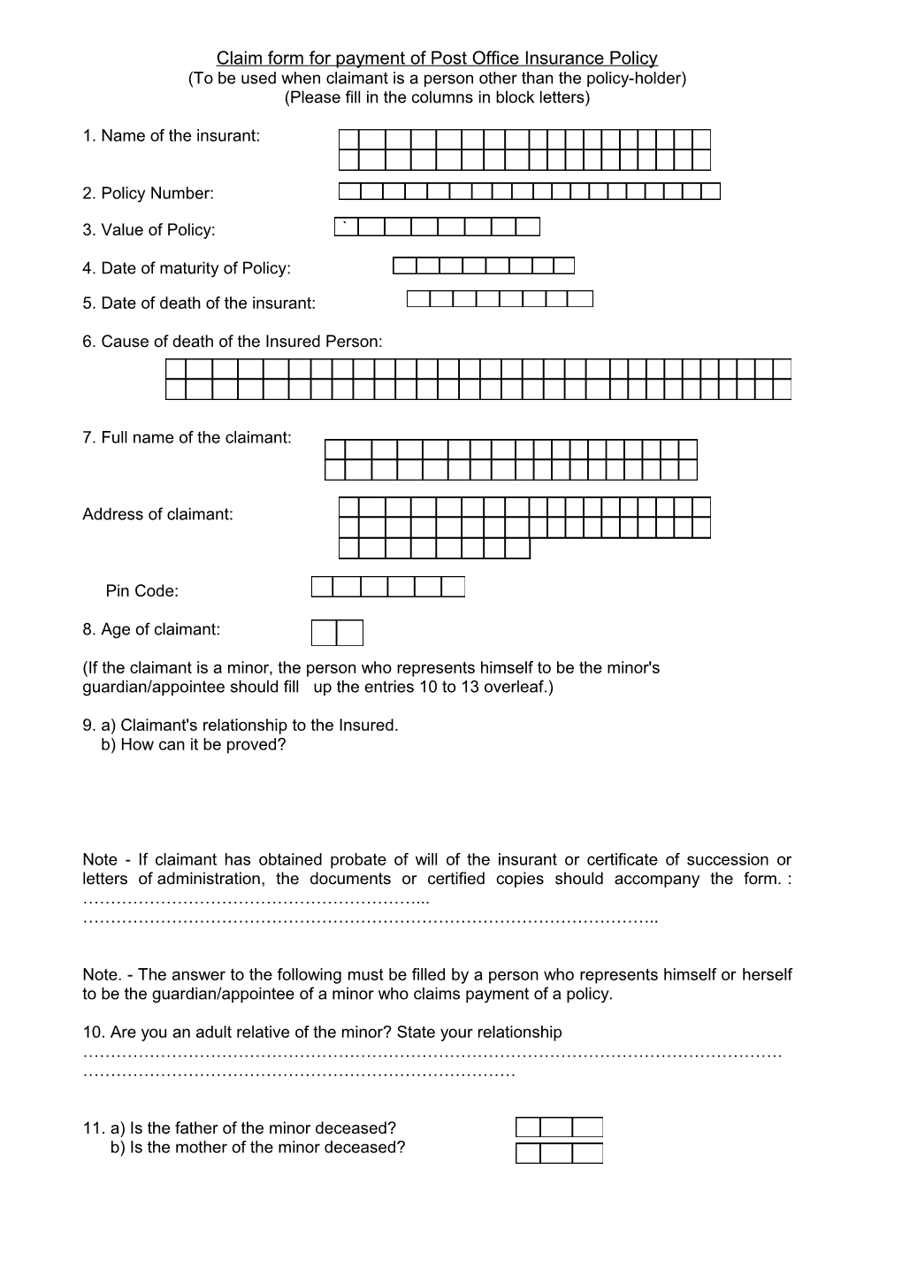 Form for Claiming Payment of a Post Office Insurance Policy