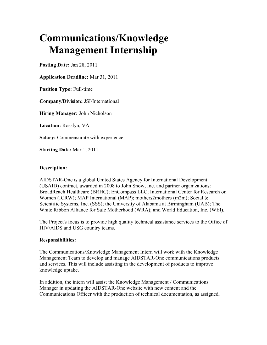 Communications/Knowledge Management Internship