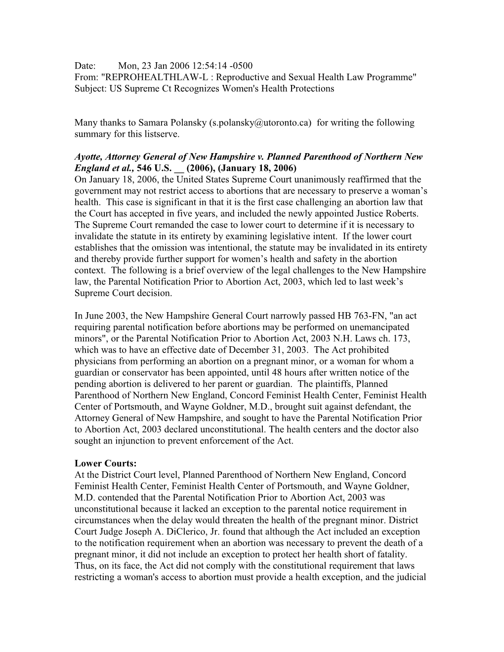 Date: Mon, 23 Jan 2006 12:54:14 -0500 From: REPROHEALTHLAW-L : Reproductive and Sexual