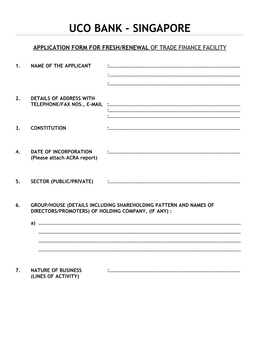 Application Form for Fresh/Renewal of Trade Finance Facility