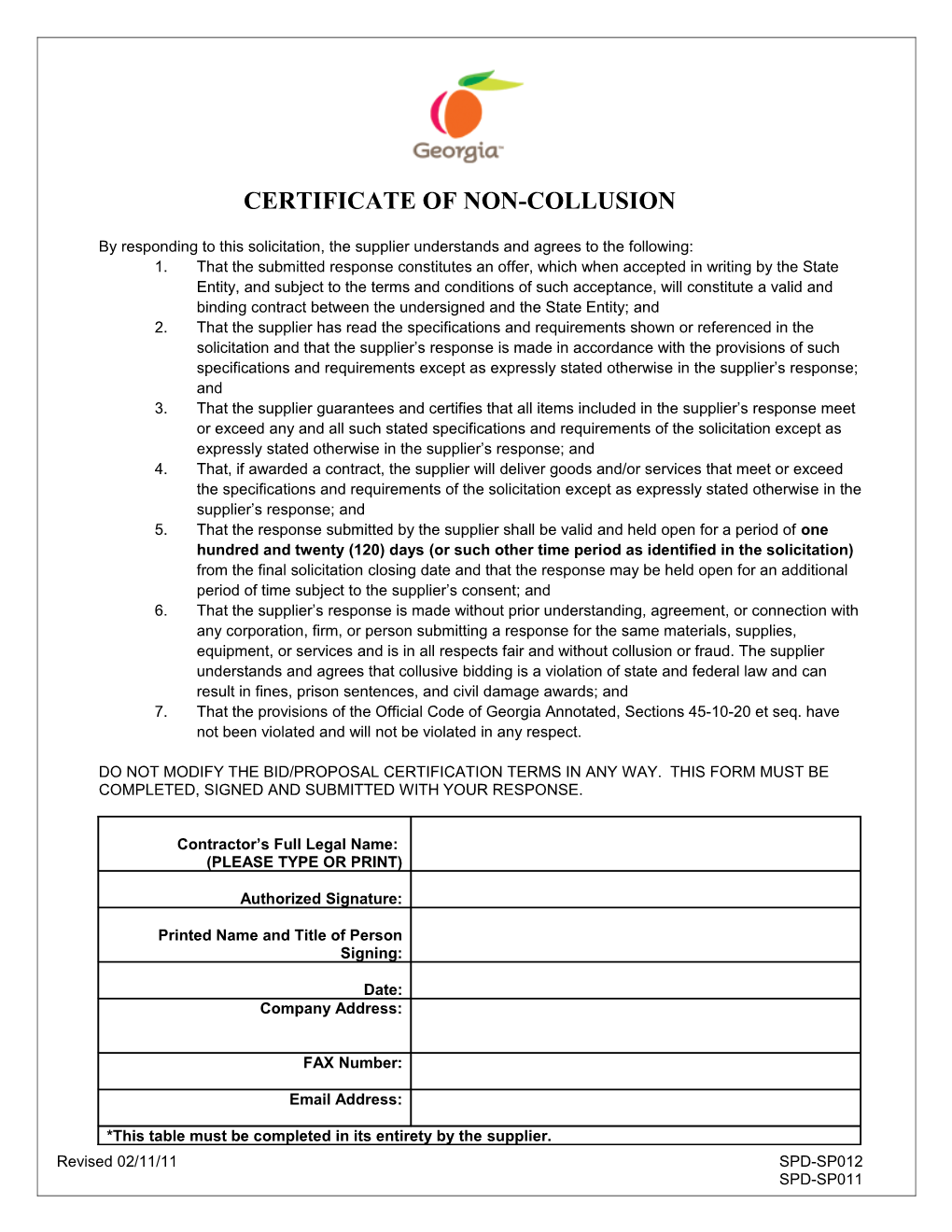 Certificate of Non-Collusion