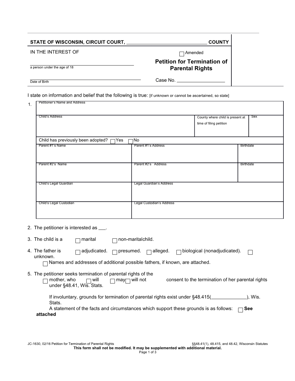 JC-1630: Petition for Termination of Parental Rights