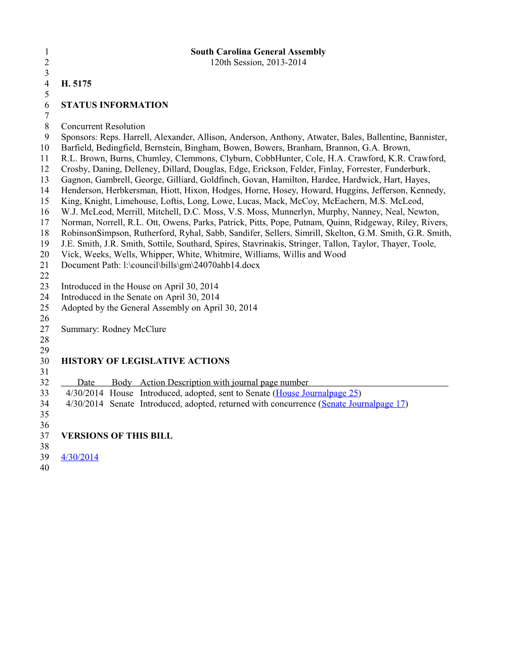 2013-2014 Bill 5175: Rodney Mcclure - South Carolina Legislature Online
