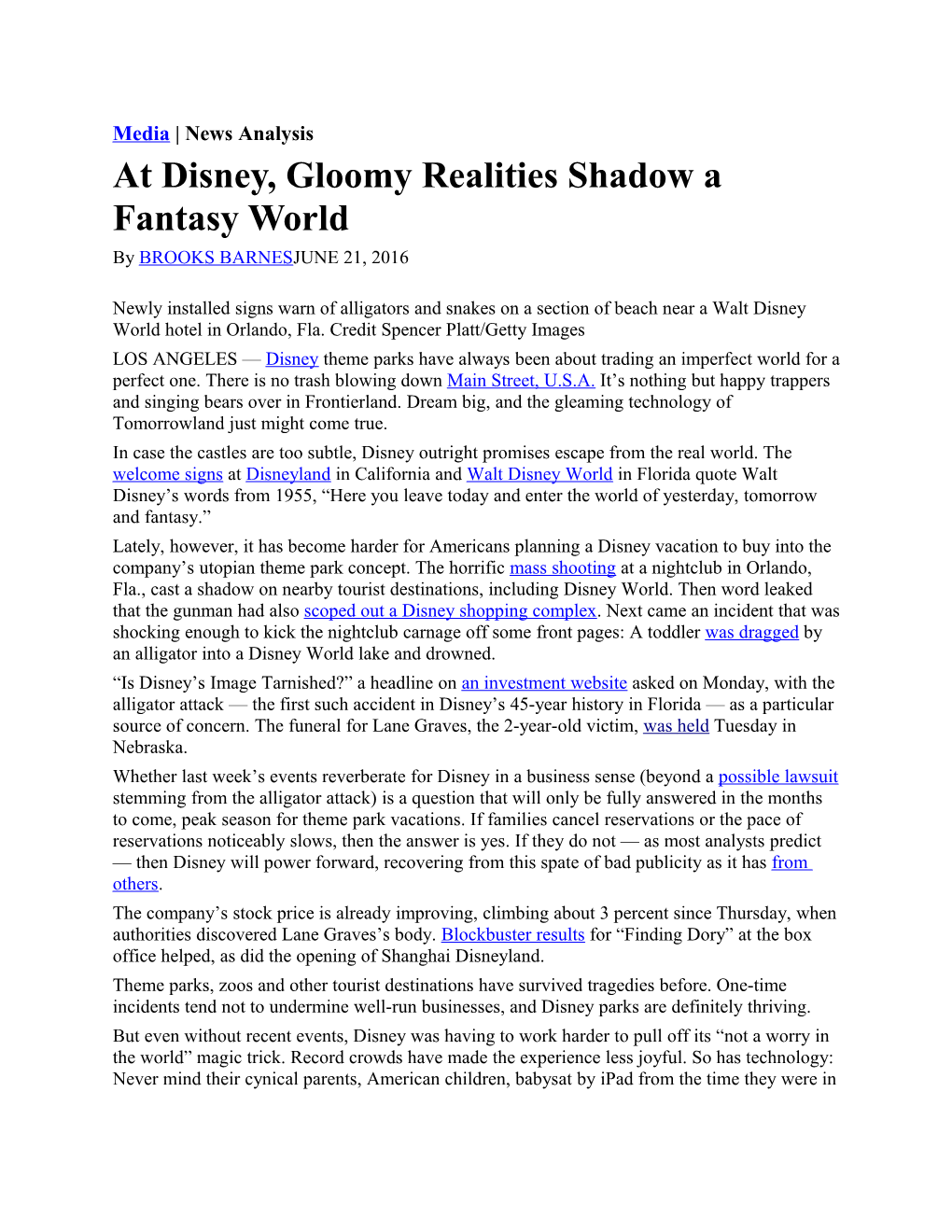 At Disney, Gloomy Realities Shadow a Fantasy World