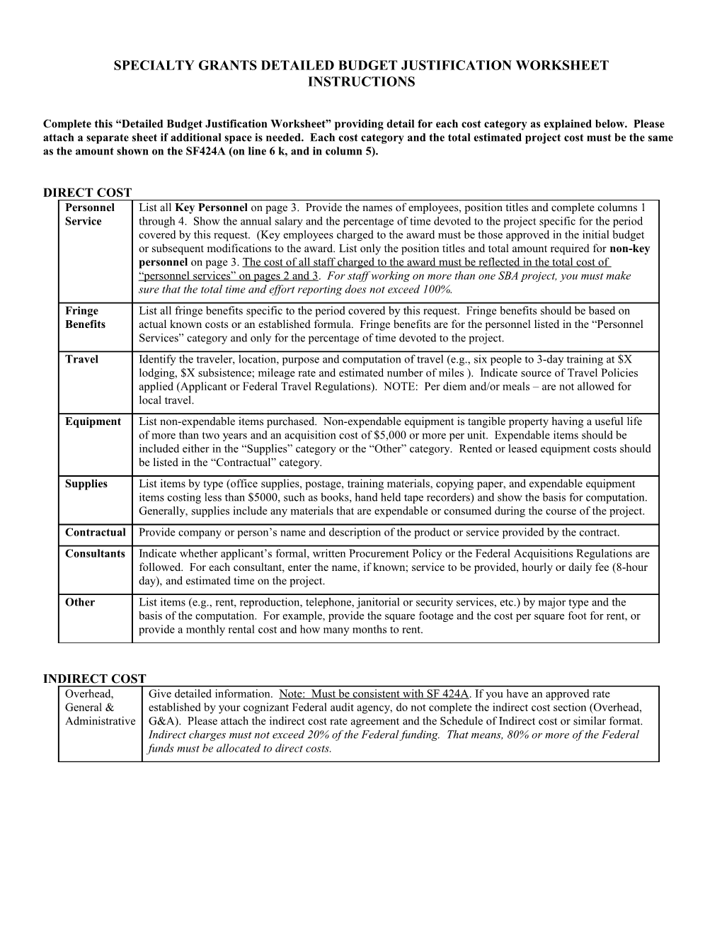 Specialty Grants Detailed Budget Justification Worksheet