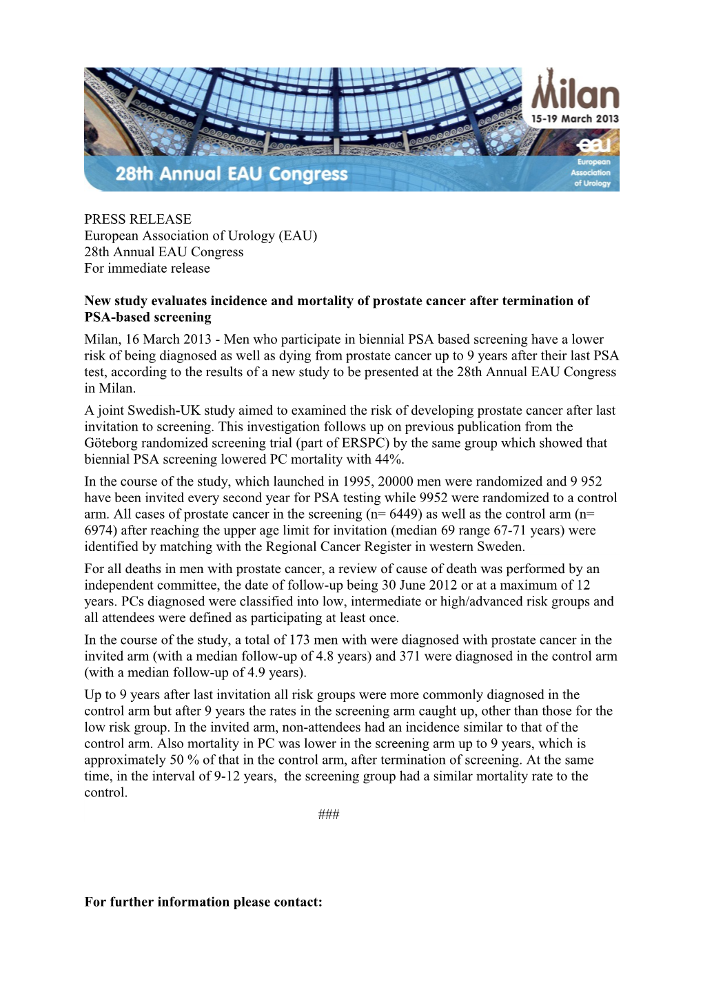 PRESS RELEASE European Association of Urology (EAU) 28Th Annual EAU Congress