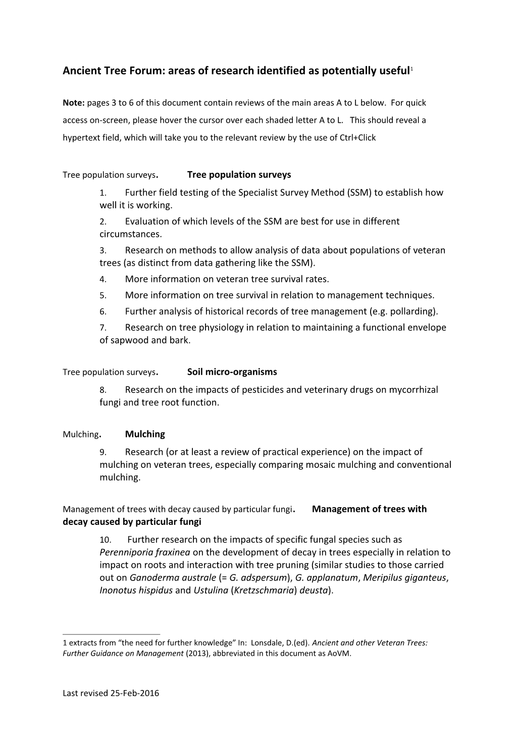 Ancient Tree Forum: Areas of Research Identified As Potentially Useful 1