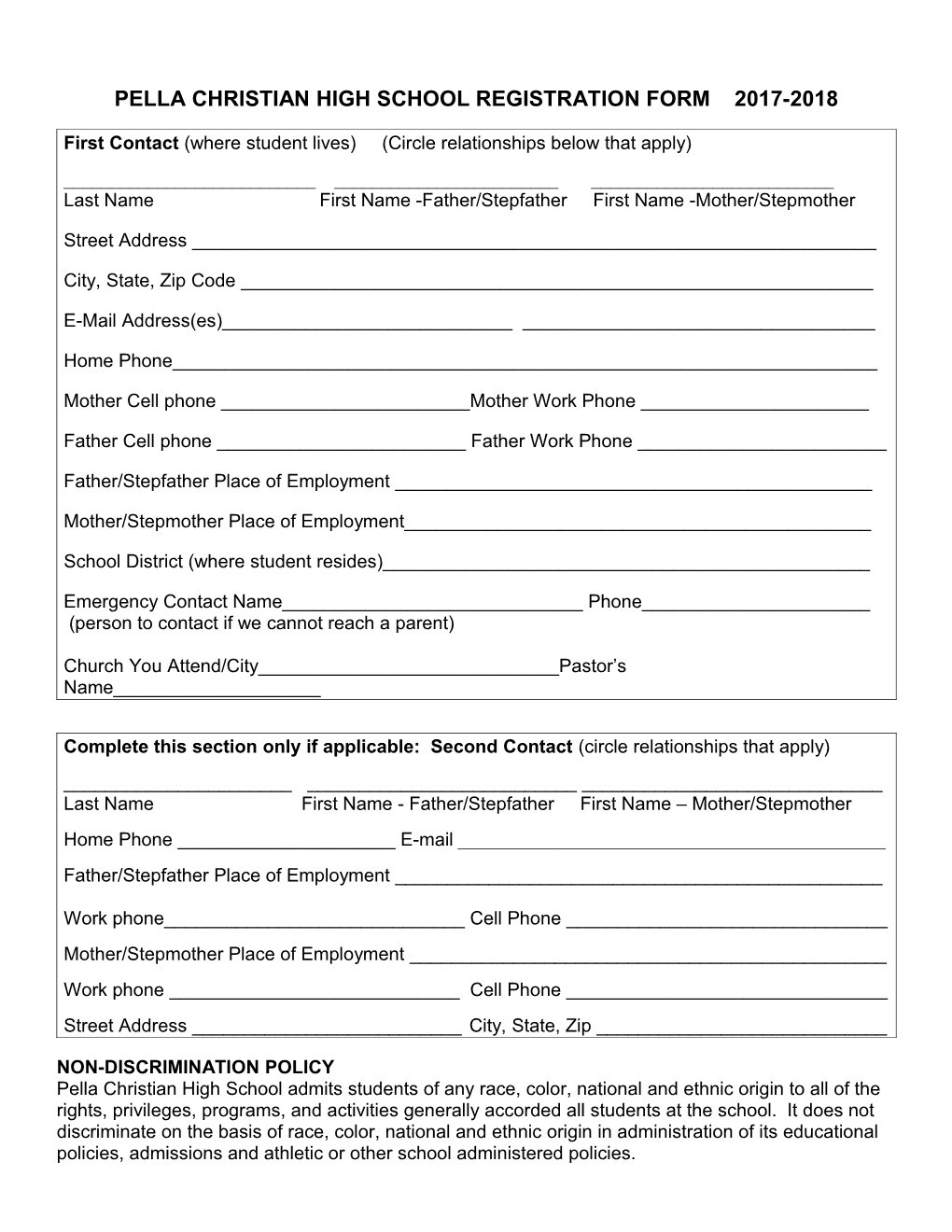 Pella Christian High School Registration Form 2017-2018