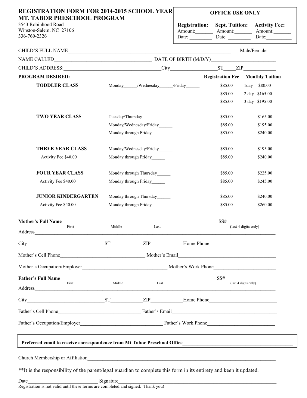 Registration Form for 2002-2003 School Year