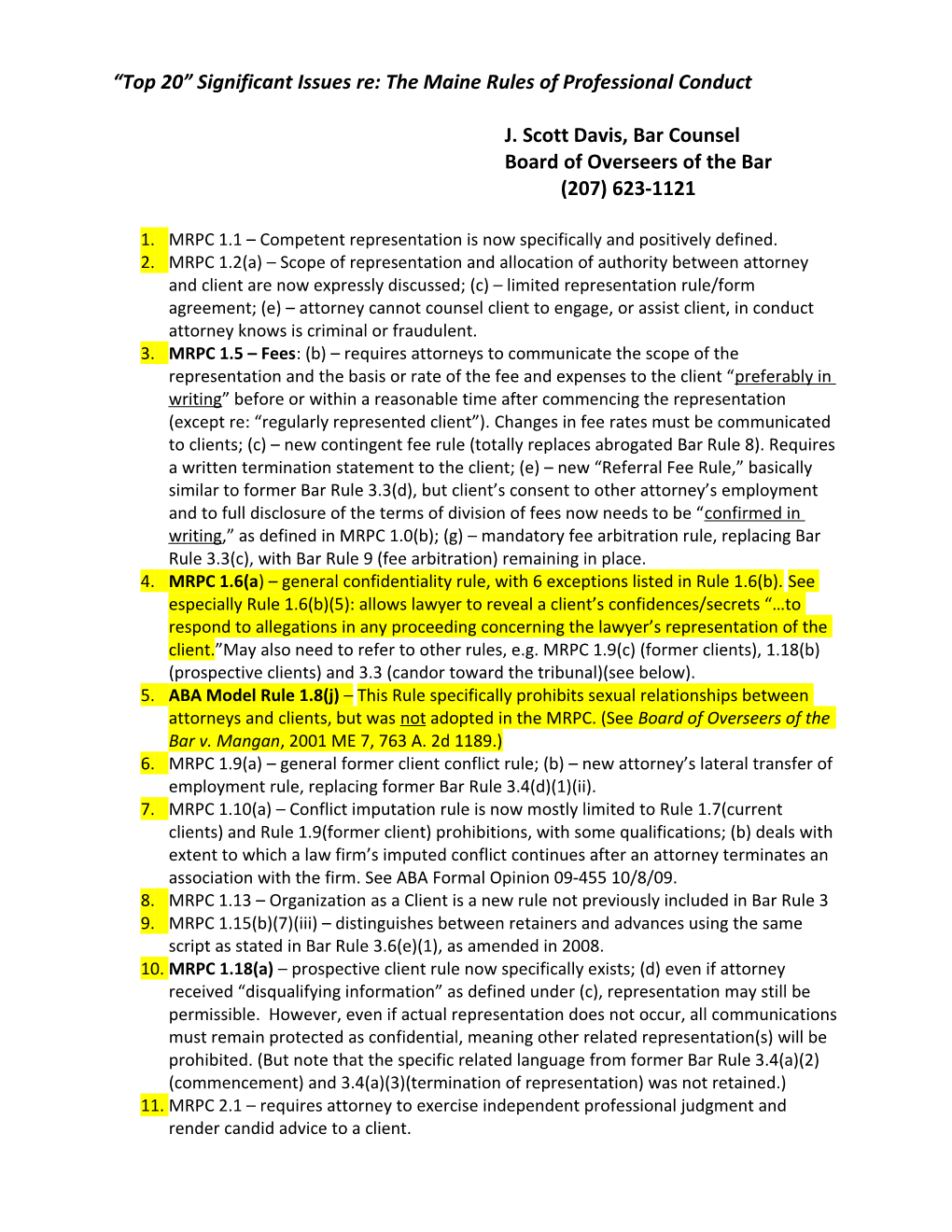 Top 20 Significant Issues Re: the Maine Rules of Professional Conduct