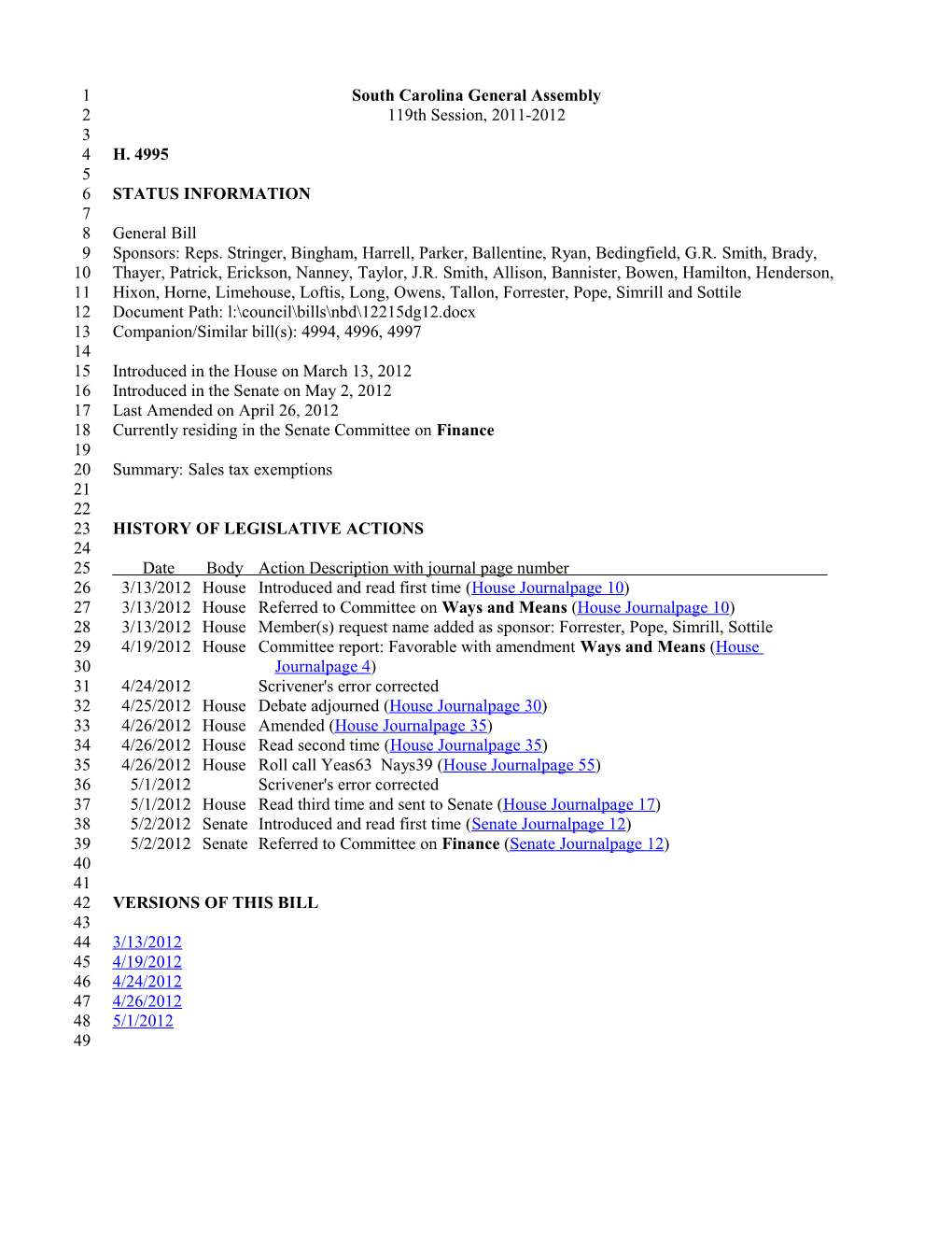 2011-2012 Bill 4995: Sales Tax Exemptions - South Carolina Legislature Online