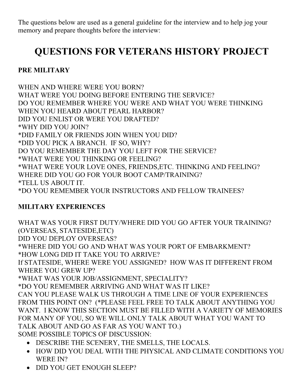 Questions for Veterans Oral History Project
