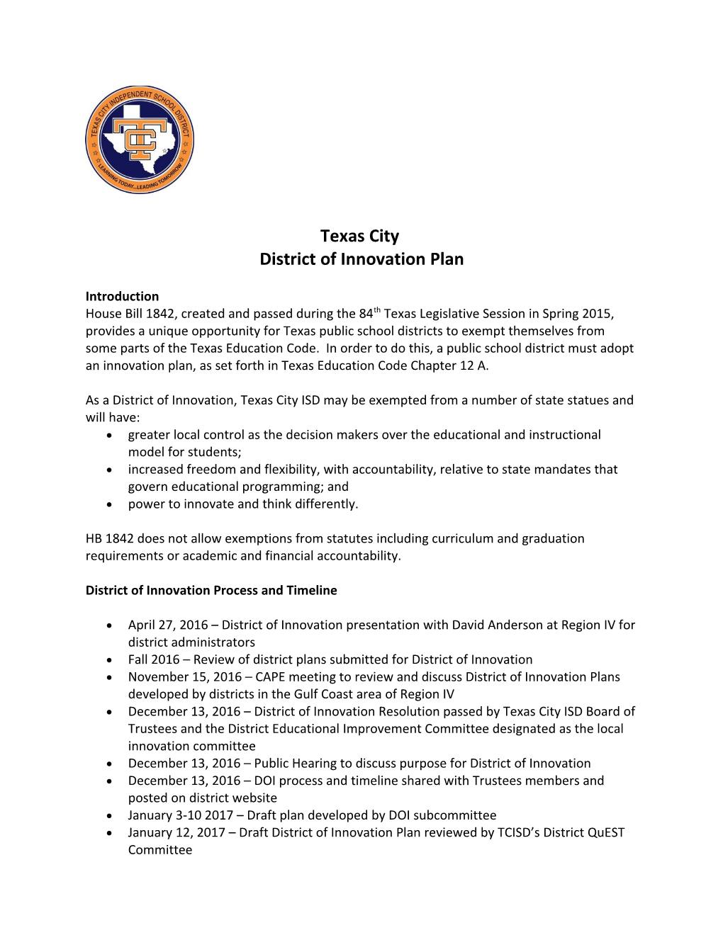 District of Innovation Plan