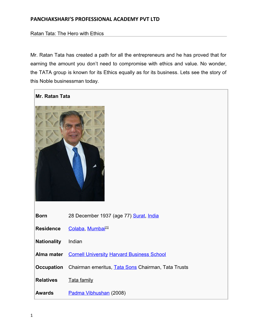 Ratan Tata: the Hero with Ethics