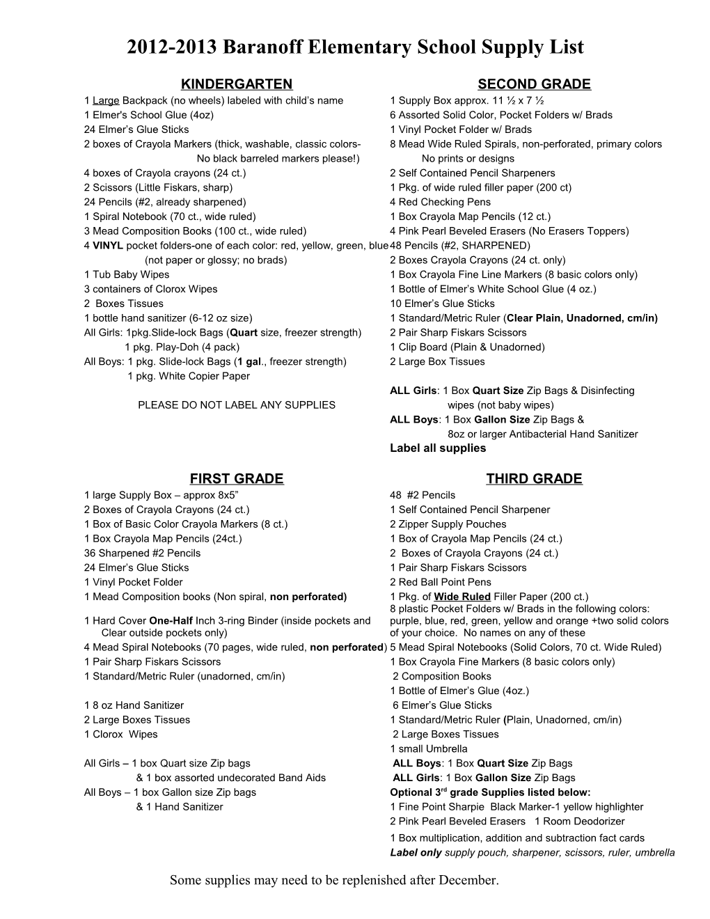 2012-2013Baranoff Elementary School Supply List