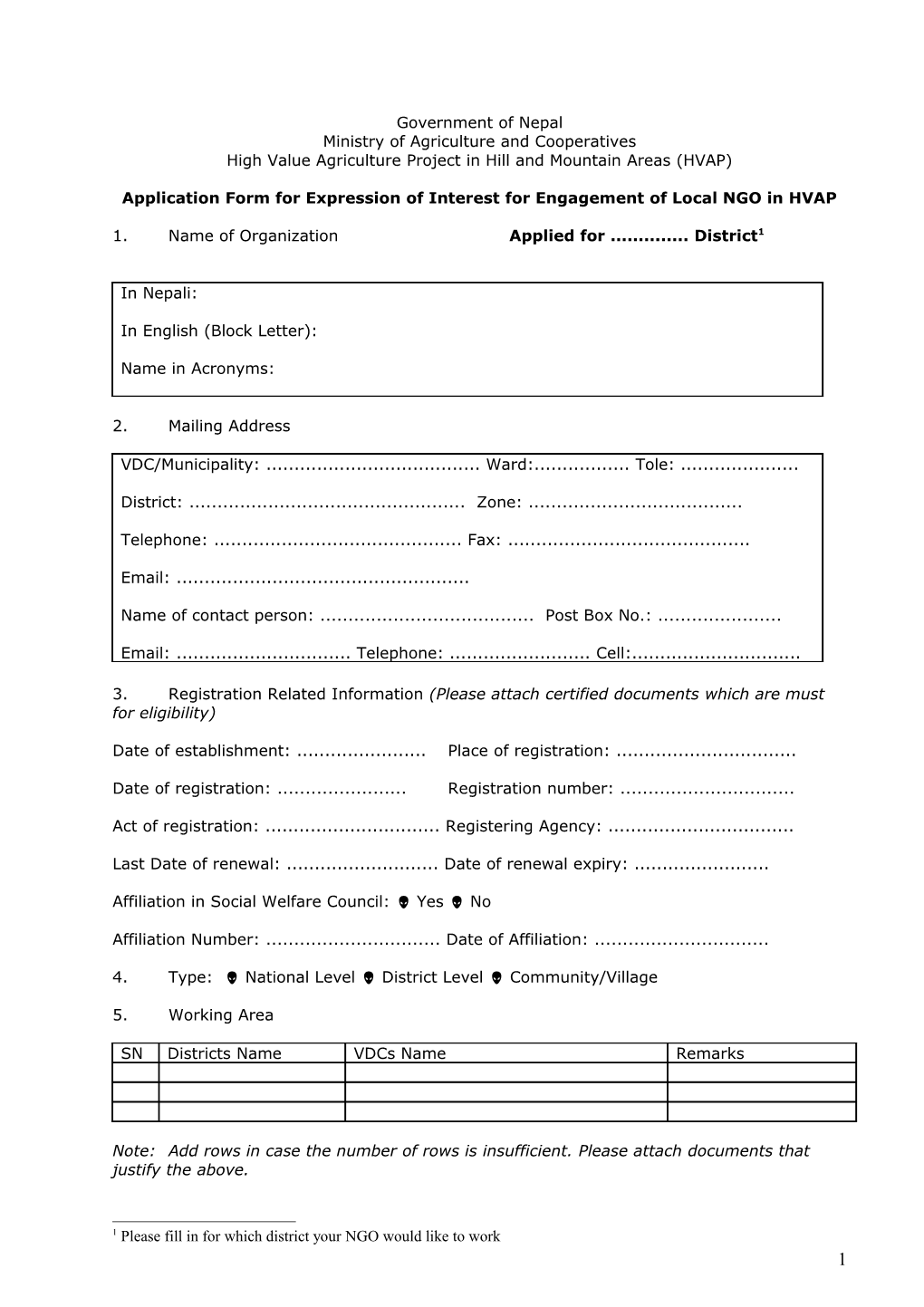 Application Form for Expression of Interest for Engagement of Local NGO in HVAP