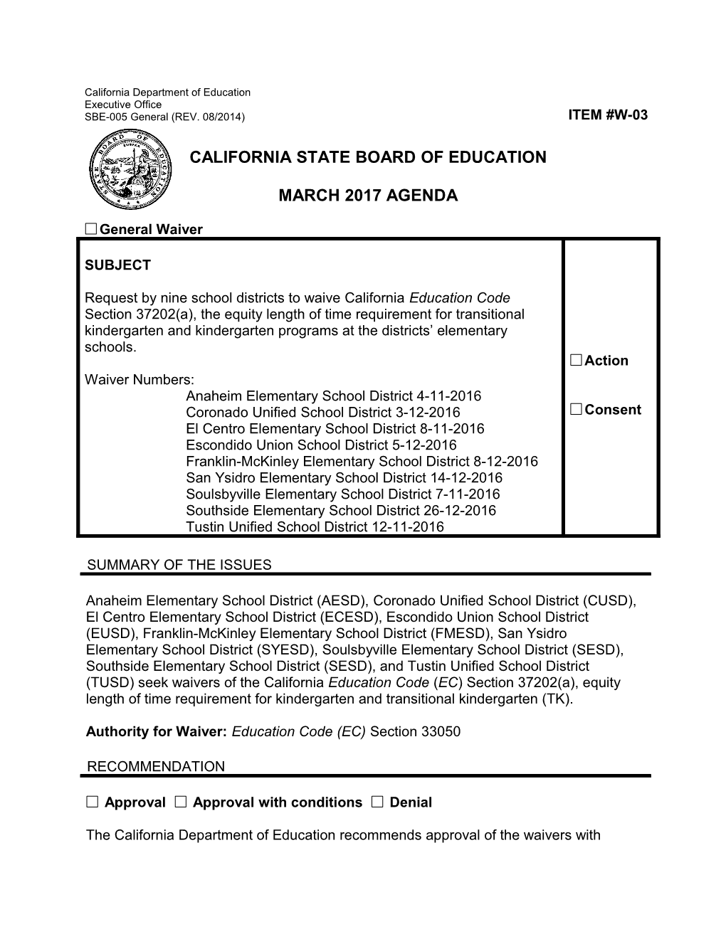 March 2017 Waiver Item W-03 - Meeting Agendas (CA State Board of Education)