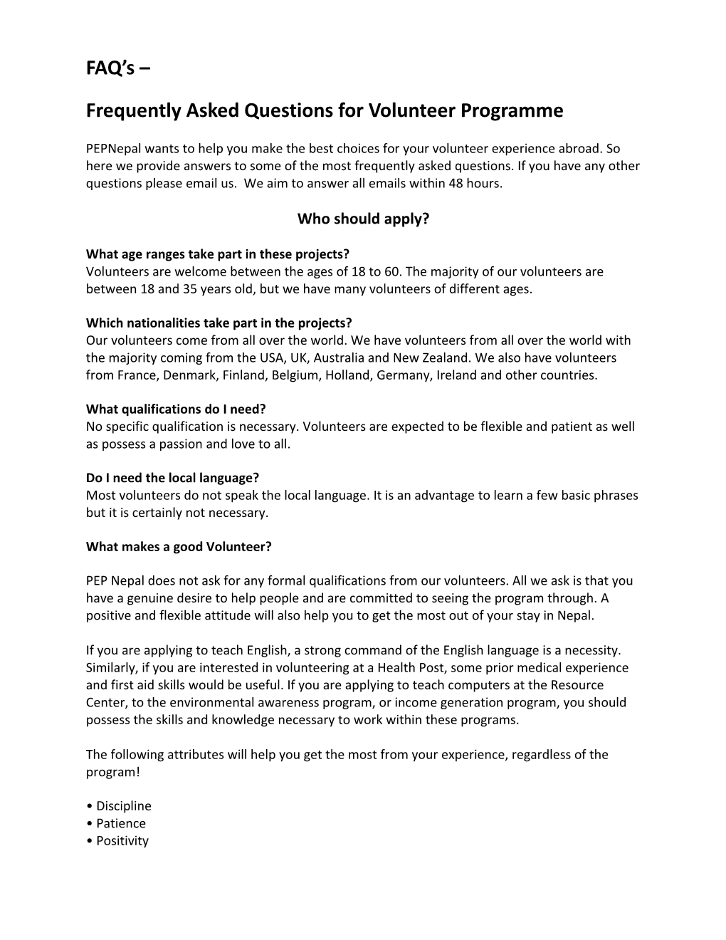 Frequently Asked Questions for Volunteer Programme