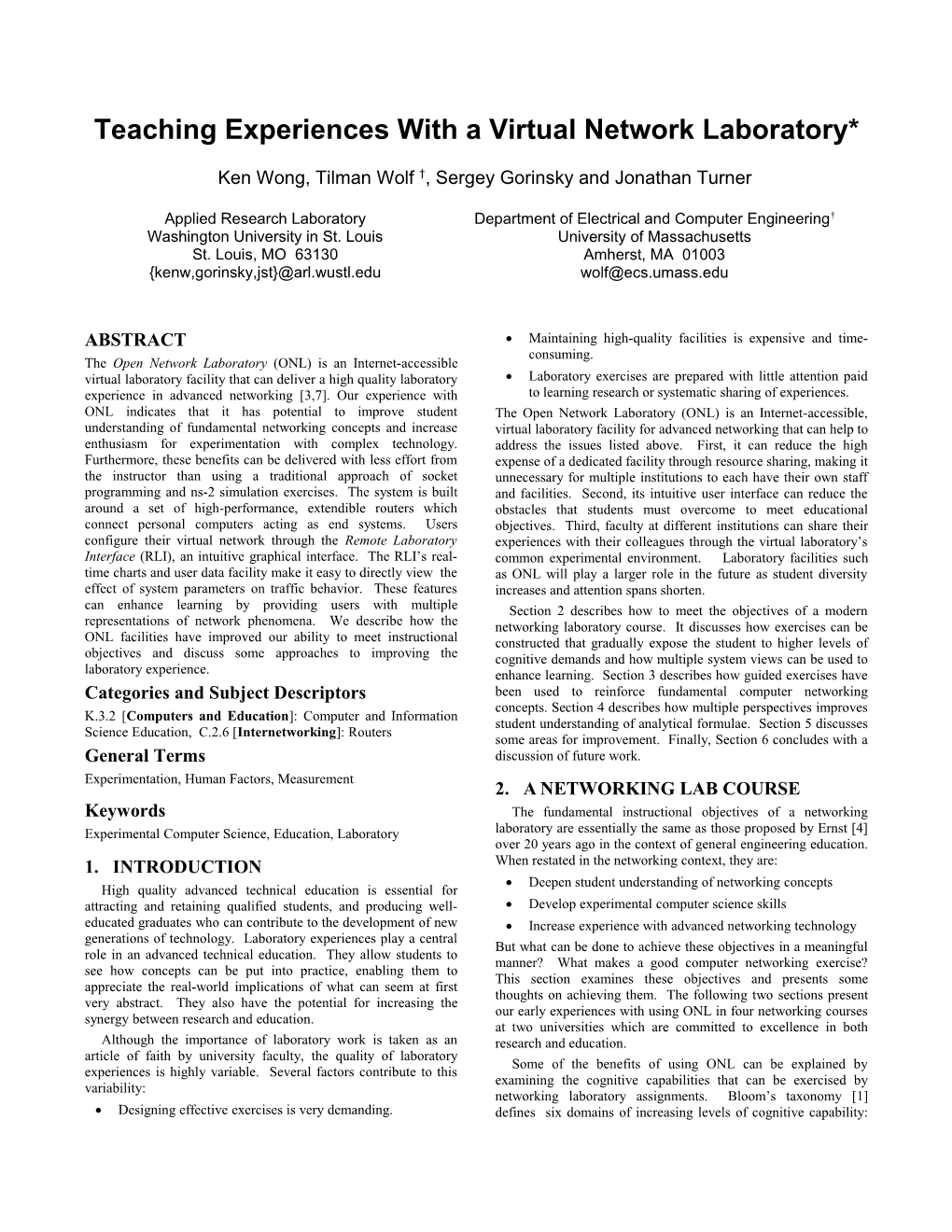 The Open Network Laboratory a Resource for High Performance Networking Research