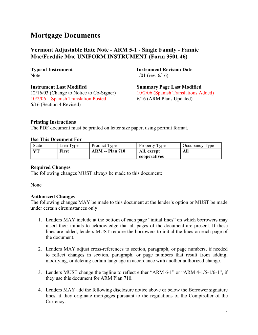 Summary: Vermont Adjustable Rate Note - ARM 5-1