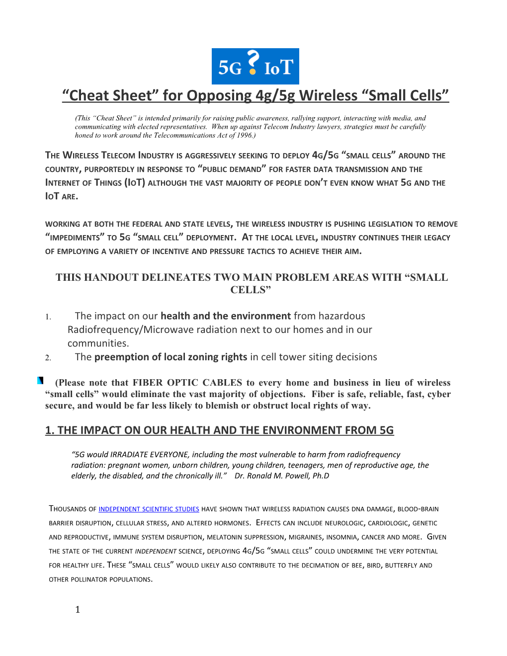 Cheat Sheet for Opposing4g/5G Wireless Small Cells