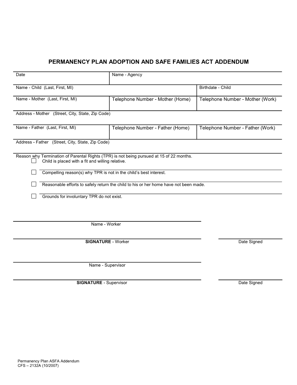 Permanency Plan Adoption and Safe Families Act Addendum