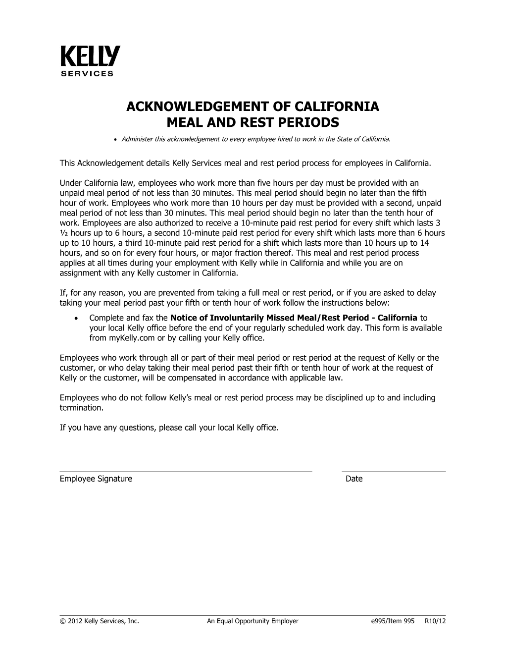 Acknowledgement of California Meal and Rest Periods (E995/Item 995)