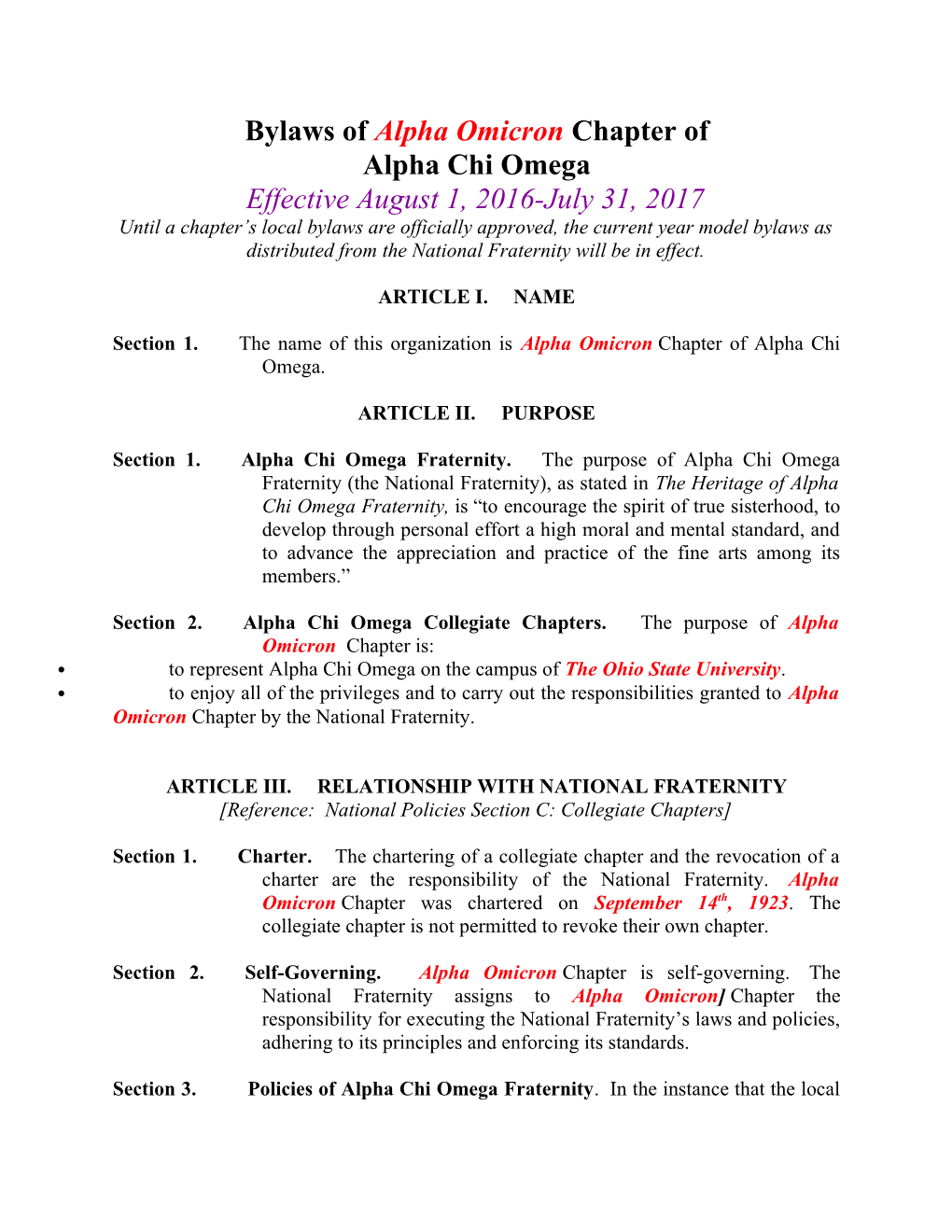 Bylaws of Alpha Omicronchapter Of