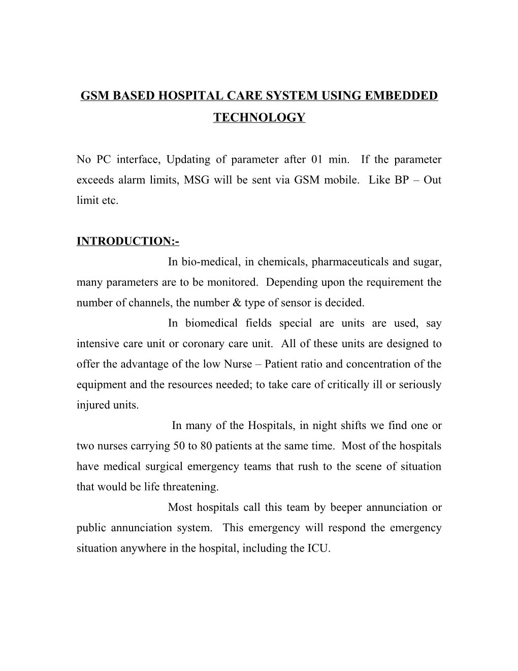 Gsm Based Hospital Care System Using Embedded Technology