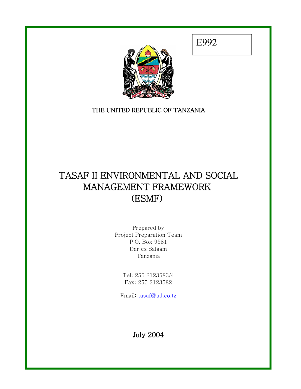 Proposed Table of Contents for Tasaf Ii Environmental