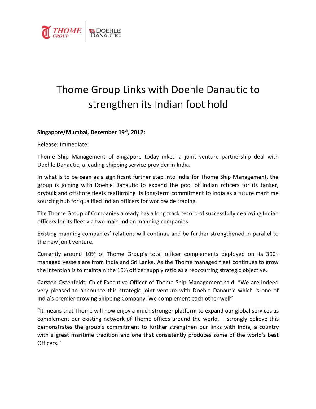 Thome Group Links with Doehledanautic to Strengthen Its Indian Foot Hold