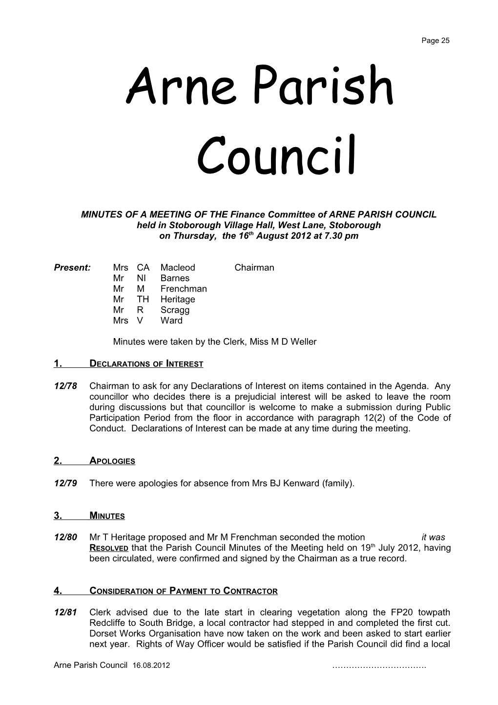 MINUTES Ofameetingof the Finance Committee of ARNE PARISH COUNCIL