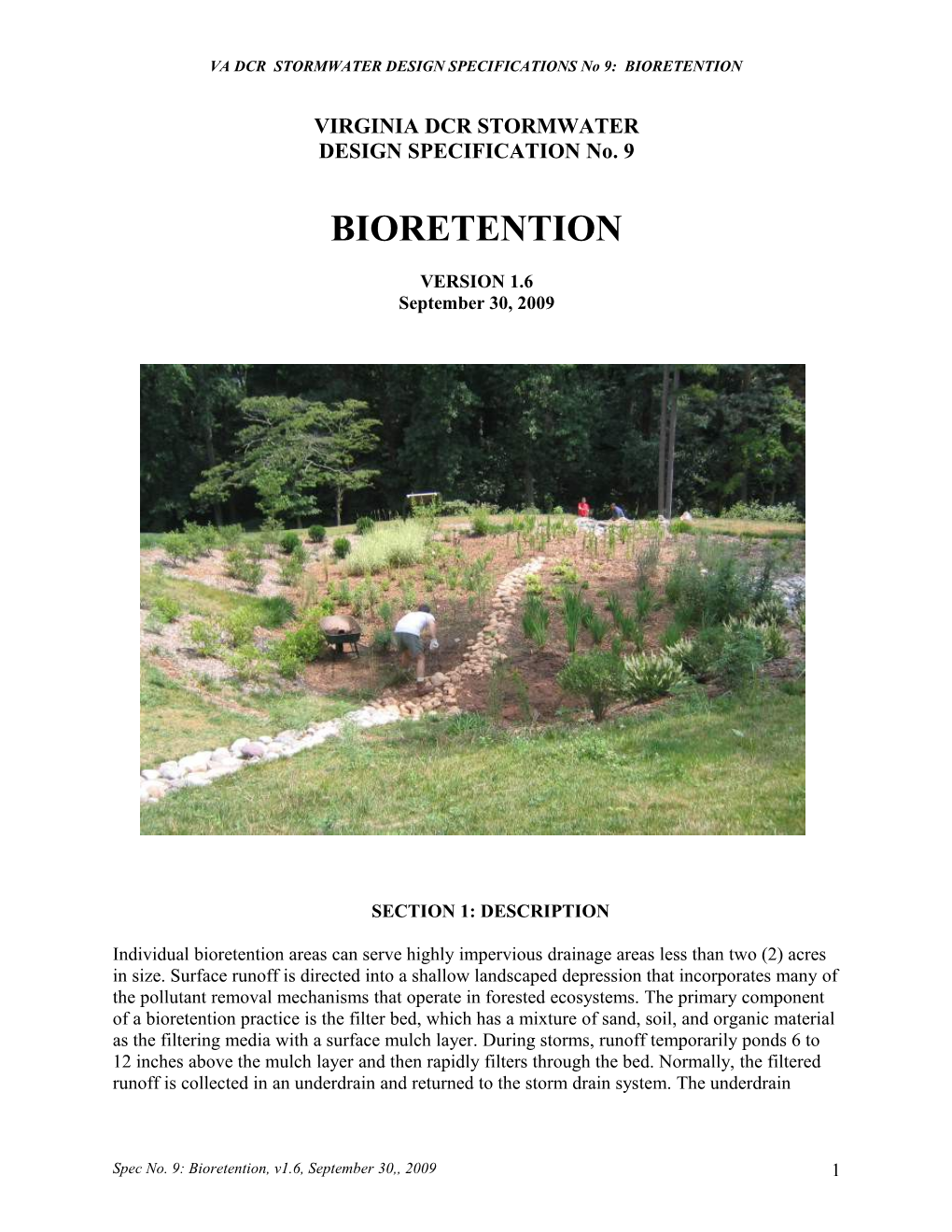 VA DCR STORMWATER DESIGN SPECIFICATIONS No 9: BIORETENTION