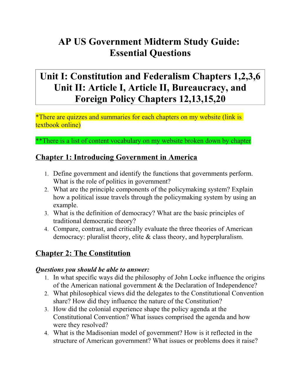 AP US Government Midterm Study Guide