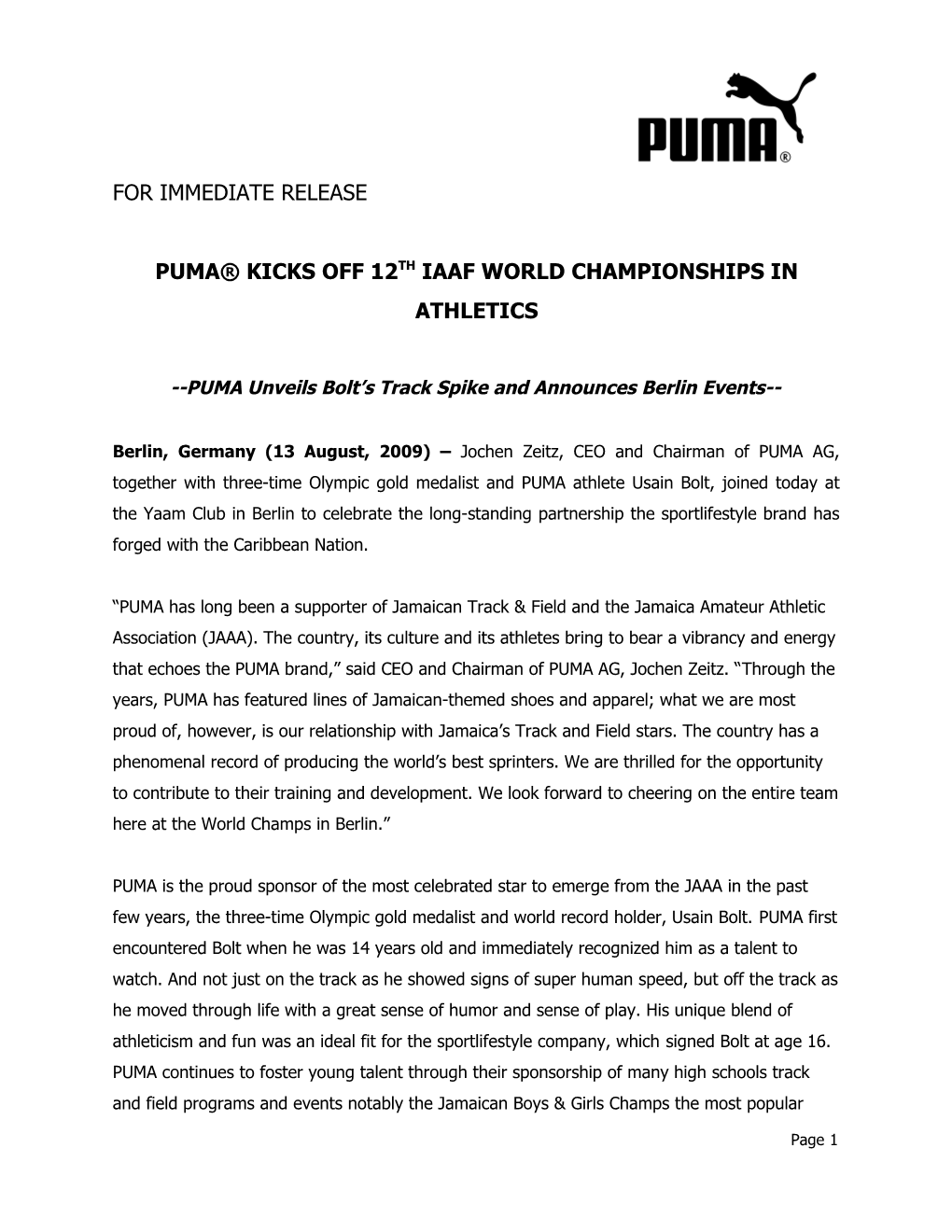 Puma Kicks Off 12Th Iaaf World Championships in Athletics