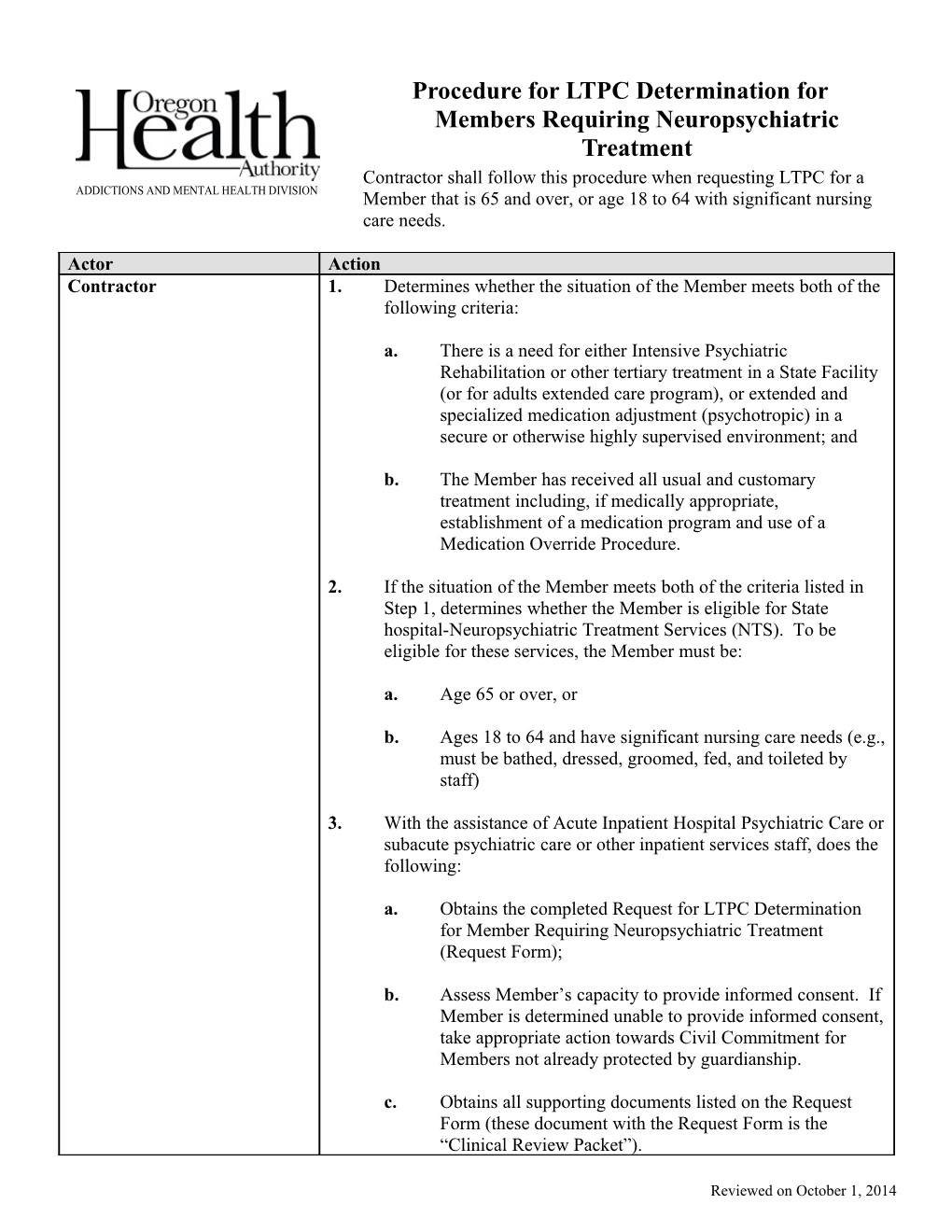 Procedure for LTPC Determination for Members Requiring Neuropsychiatric Treatment