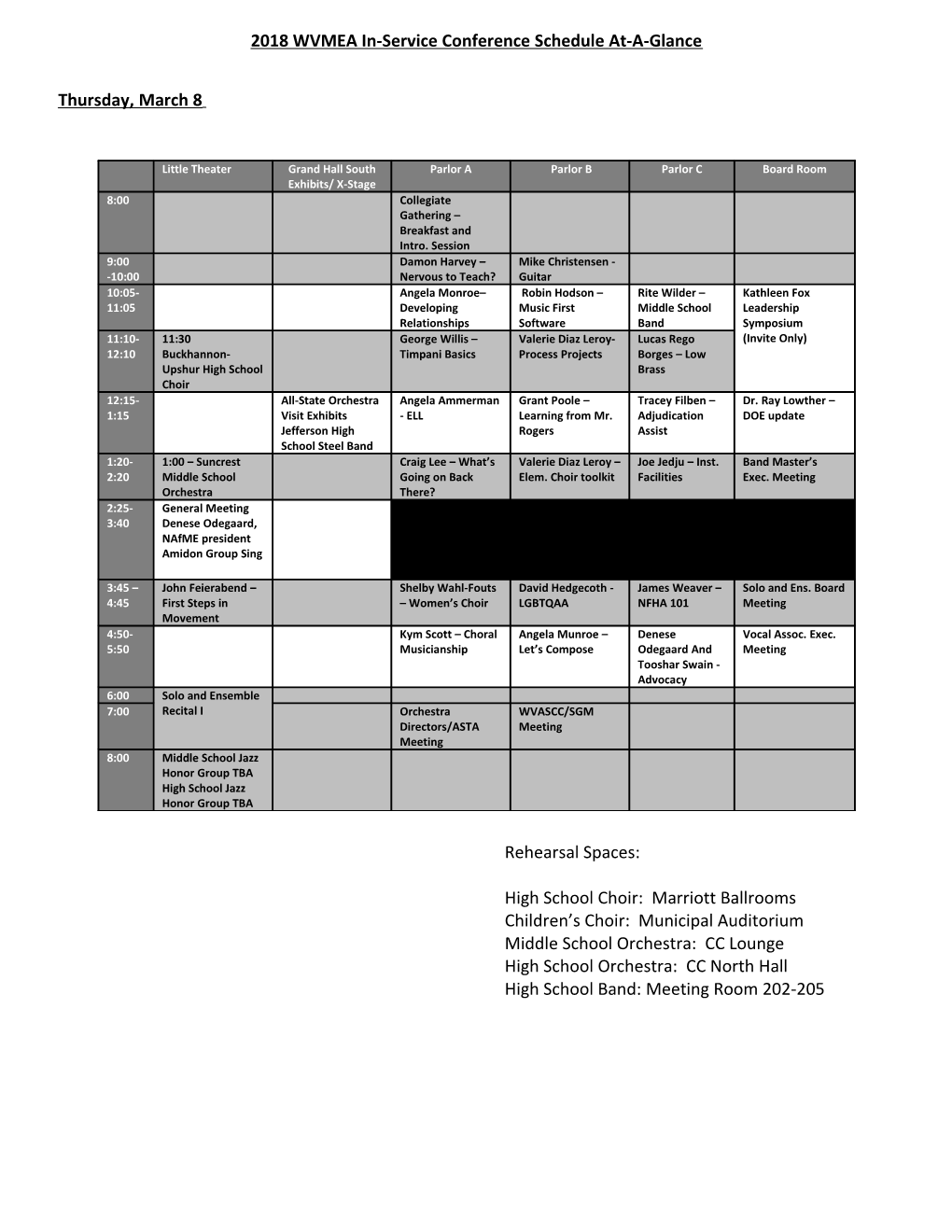 2018 WVMEA In-Service Conference Schedule At-A-Glance