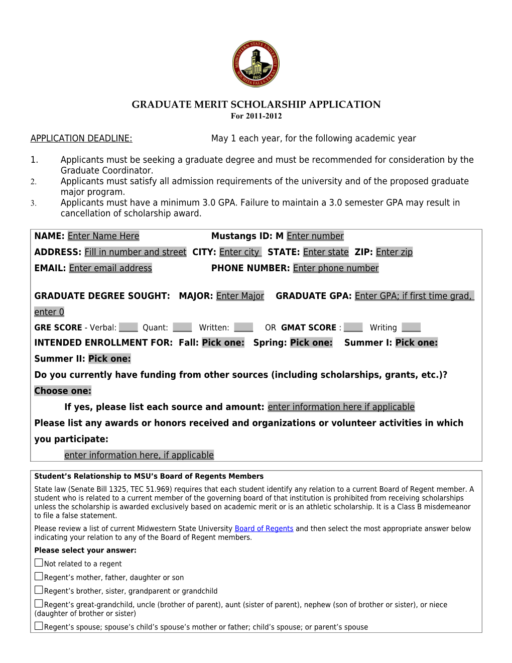 Graduate Merit Scholarship Application