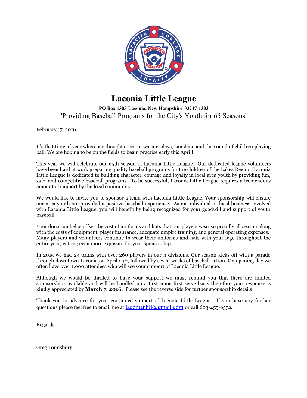 Dear Laconia Little League Softball Families