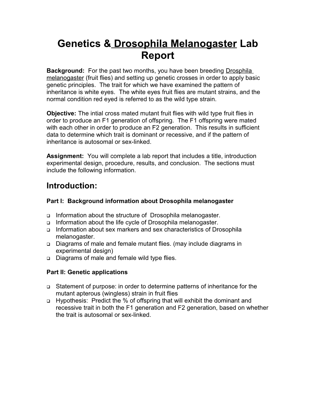 Drosophila Melanogaster Lab Report