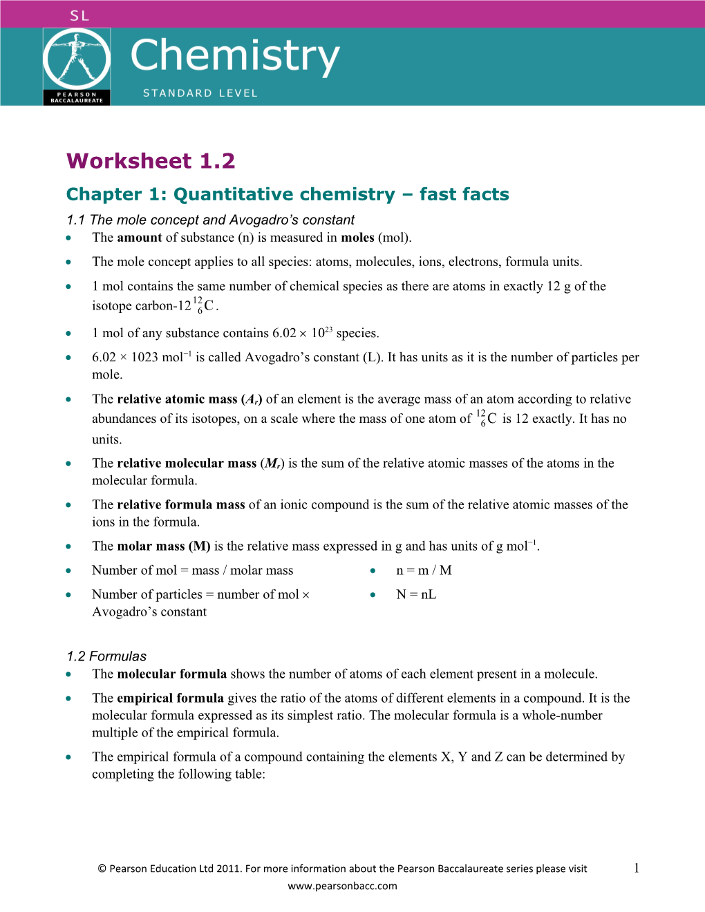 Chapter 1: Quantitative Chemistry Fast Facts