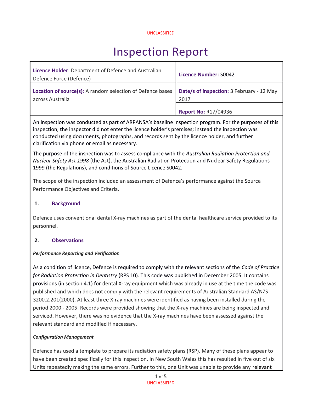 Inspection Report: Department of Defence and Australian Defence Force - Various