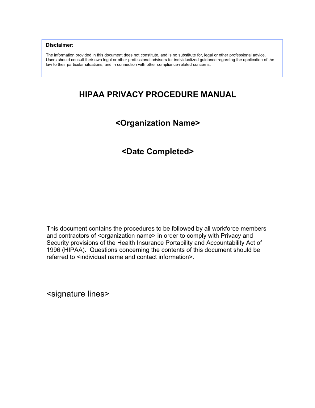 HIPAA Privacy Procedure Manual Template