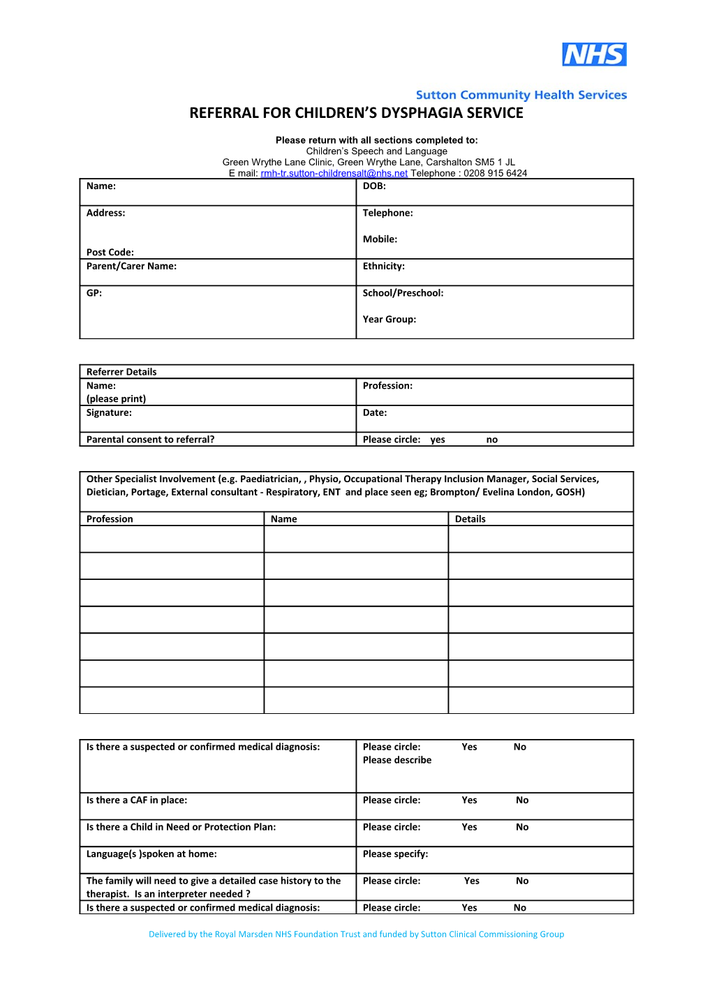 Referral for Children S Dysphagia Service