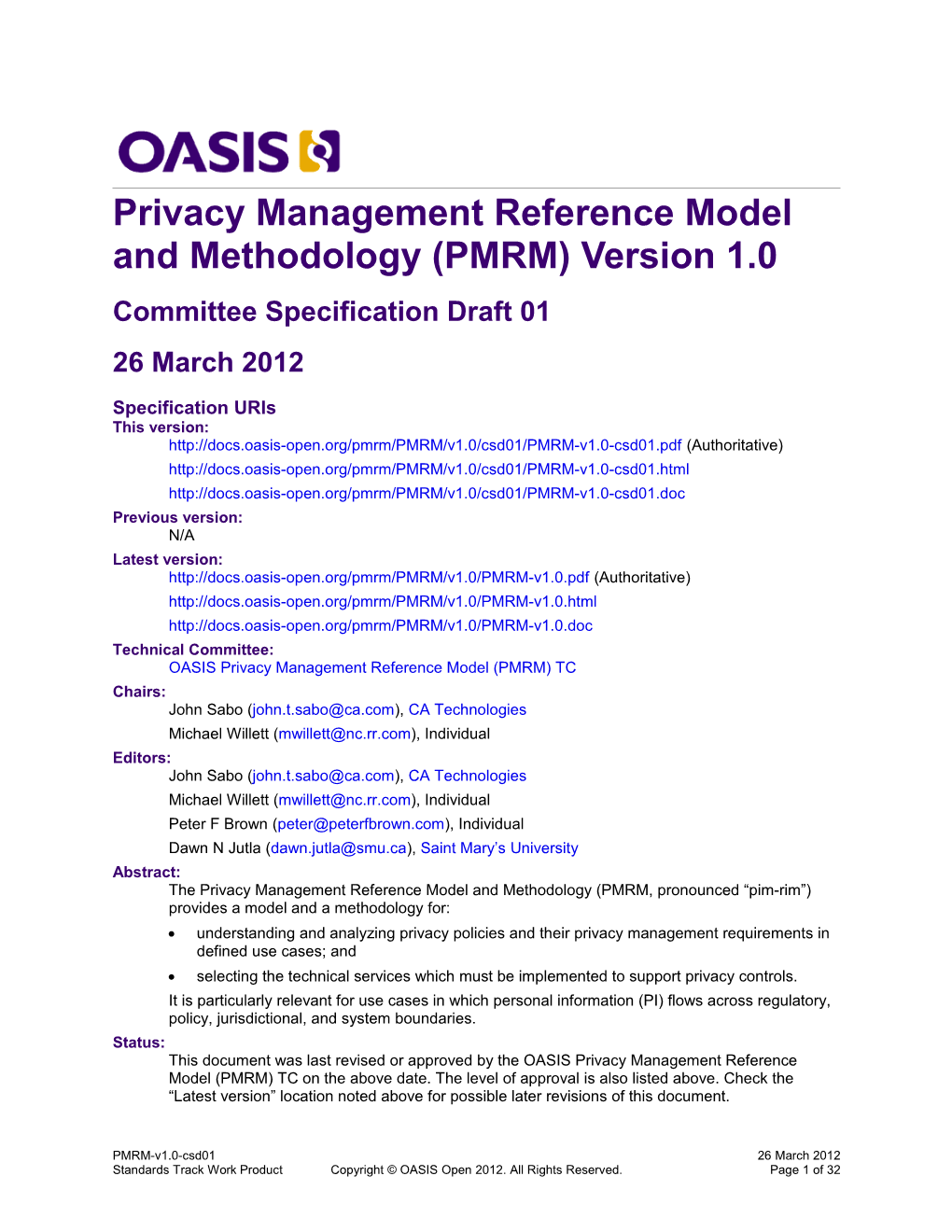 Privacy Management Reference Model and Methodology (PMRM) V1.0