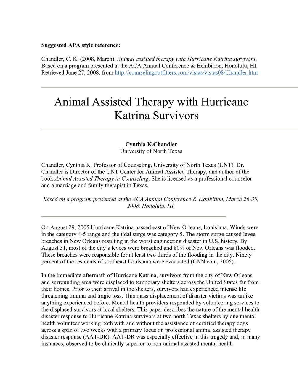 Animal Assisted Therapy with Hurricane Katrina Survivors