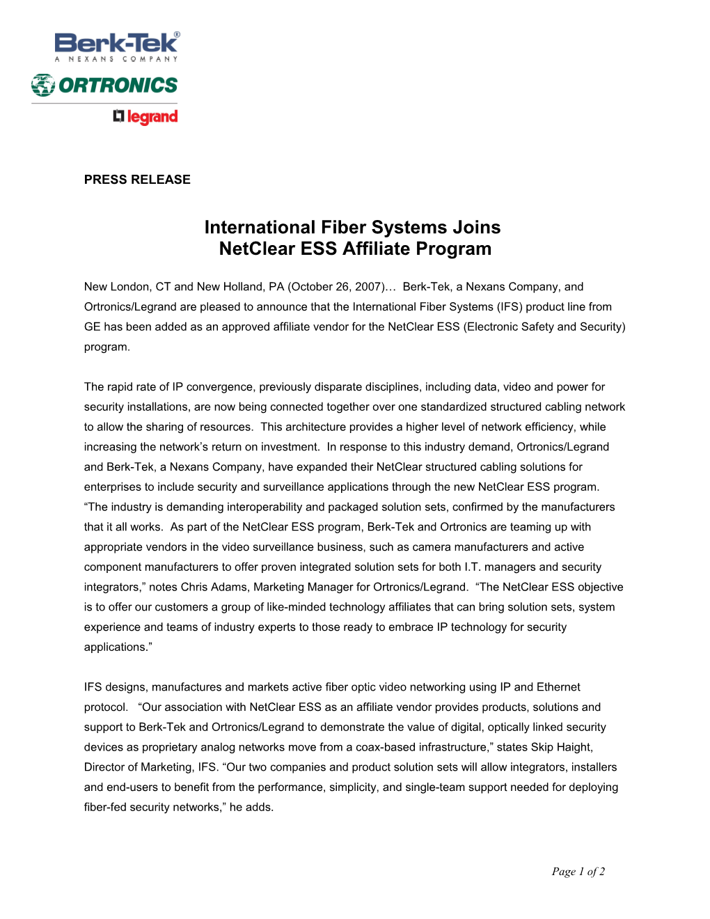 International Fiber Systems Joins