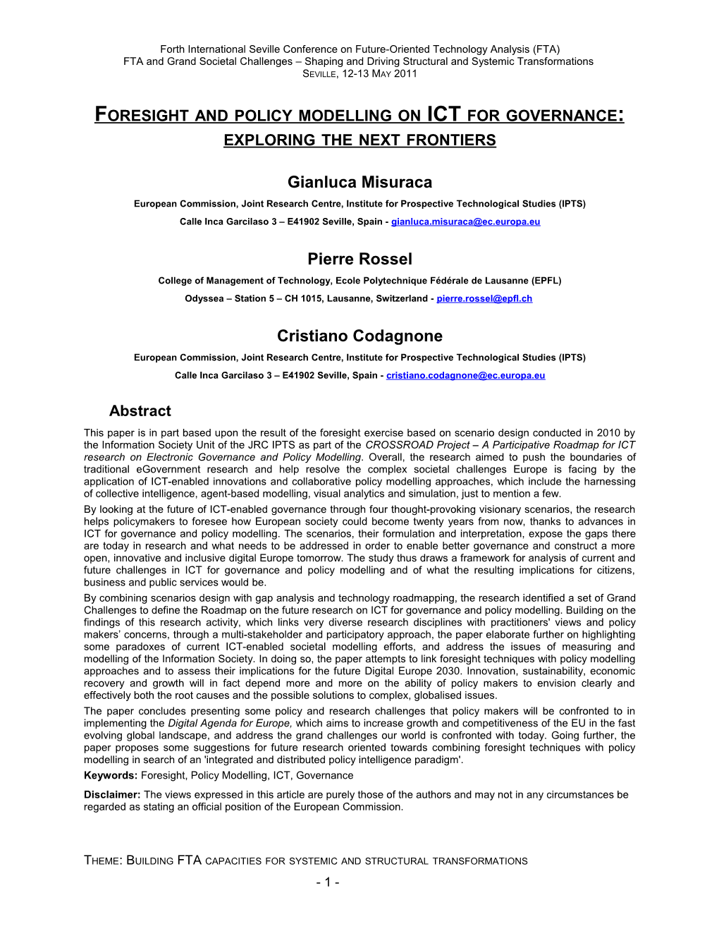 Foresight and Policy Modelling on Ict for Governance: Exploring the Next Frontiers