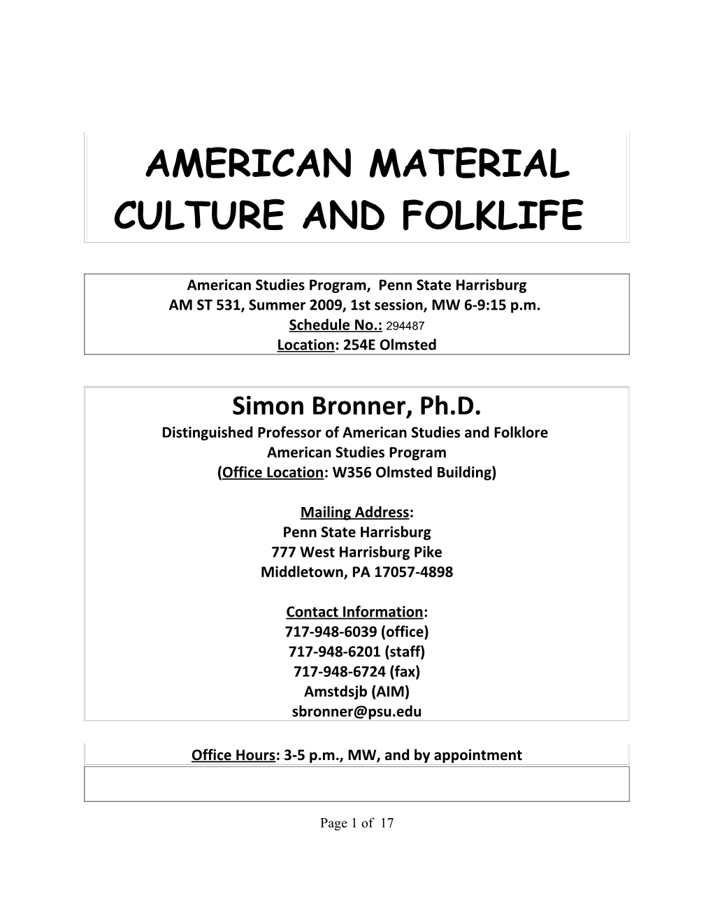 American Material Culture and Folklife