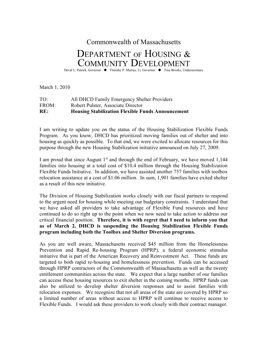 A Message from the Division of Housing Stabilization